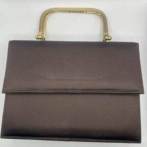 Vintage Brown Satin Clutch W/ Gold-Toned Handle & Detachable Gold‎ Chain Strap